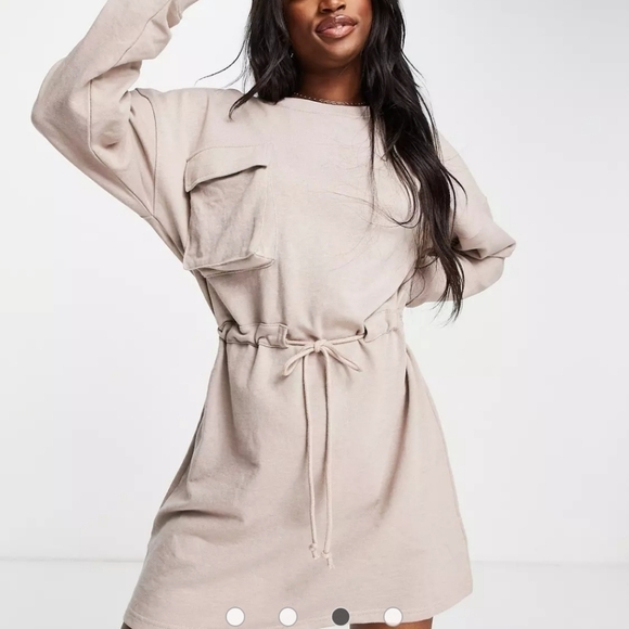 MISSGUIDED Pocket Detail Tie Waist Sweater Mini Dress Cream Tan Size 4 - Picture 3 of 12